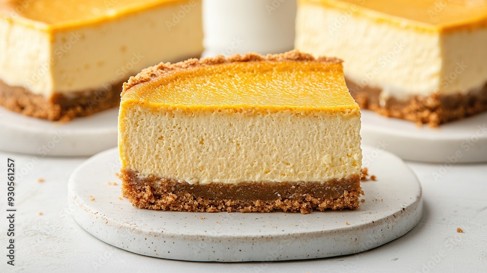 A photo of a close-up of a single slice of cheesecake on a plate, surrounded by the remaining slices A photo of a close-up of a single slice of cheesecake on a plate, surrounded by the remaining slices