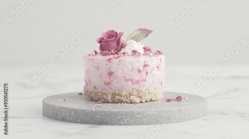  A close-up of a cake with frosting and a flower on top of it on a marble platter