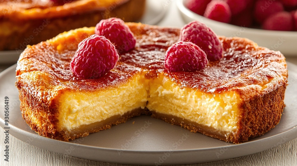 A close-up shot of a cake on a plate, featuring a slice cut out and topped with juicy raspberries A close-up shot of a cake on a plate, featuring a slice cut out and topped with juicy raspberries