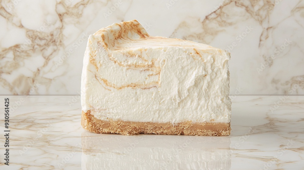 A slice of cheesecake rests atop a white countertop, adjacent to a marble slab A slice of cheesecake rests atop a white countertop, adjacent to a marble slab