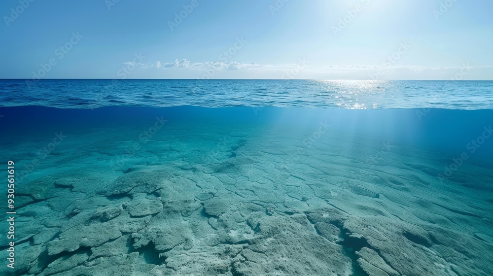 Obraz premium The image is of a vast, empty ocean floor with a bright sun shining down on it