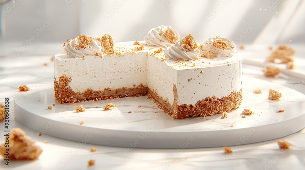 A white plate, crowned by a cake smothered in white frosting and sporting a cut-out slice A white plate, crowned by a cake smothered in white frosting and sporting a cut-out slice