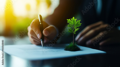 A businessmanâs hand holding a pen over a document, with a small tree nearby, symbolizing the fusion of sustainable growth and corporate responsibility photo