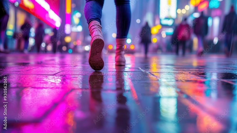 Fototapeta premium A person walking on a city street with neon lights in the background, AI