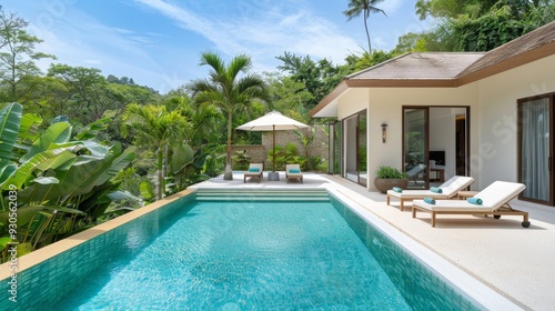 A pool with two lounge chairs and a bamboo fence