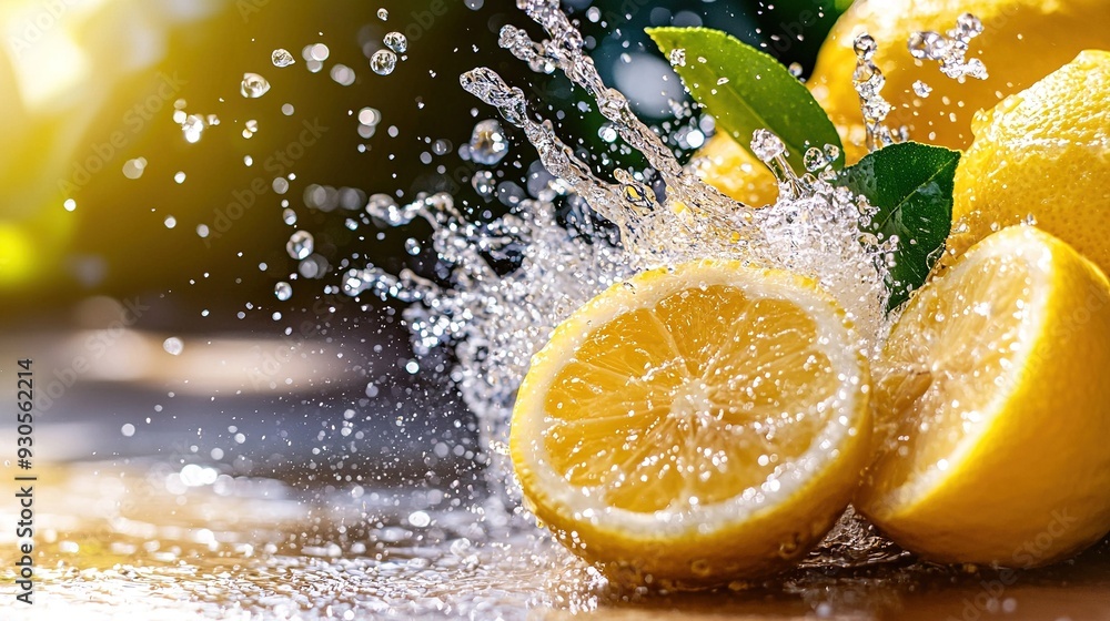   A lemon close-up with water splashing from above