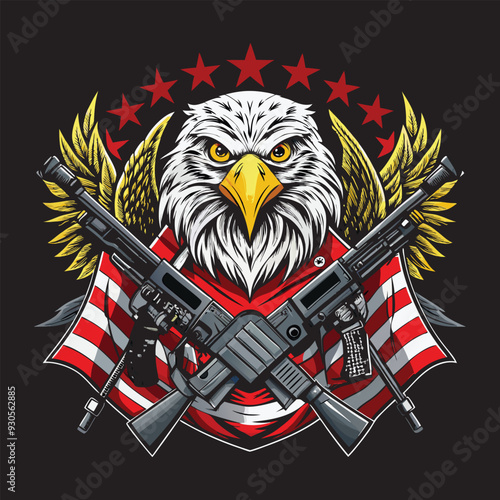 A strong eagle representing the American Army, with two crossed AK-47s