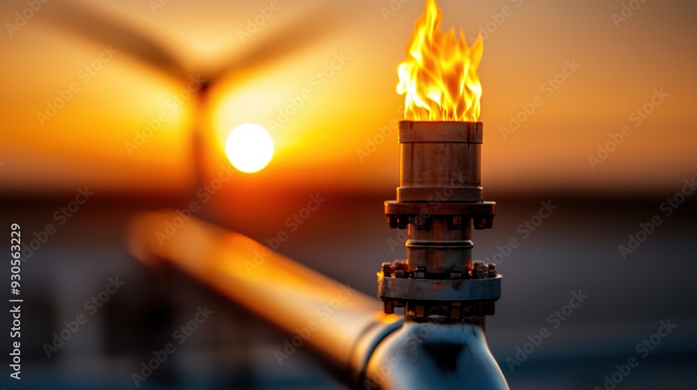 Obraz premium A fire hydrant in close-up with a sunset in the background and a wind turbine in the distance