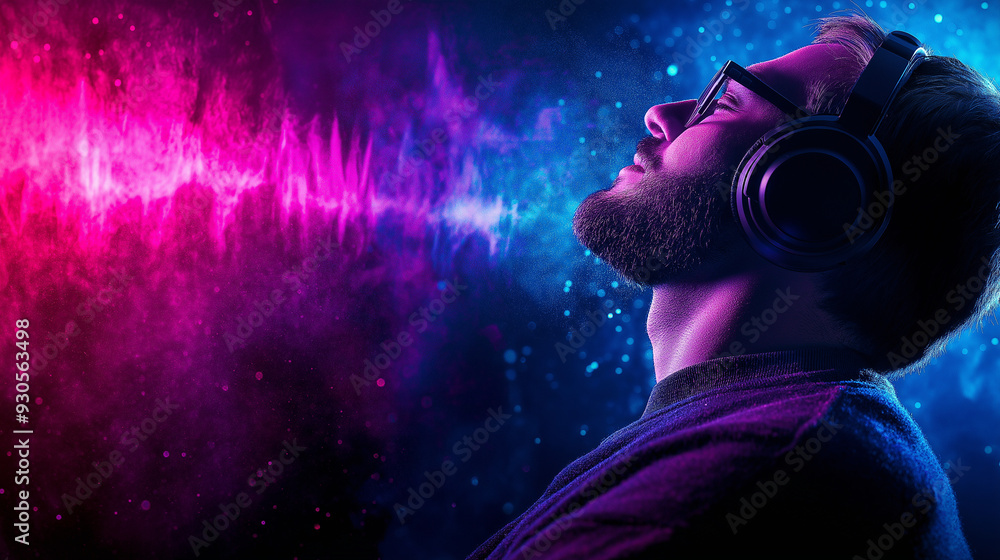 A relaxed individual with headphones, surrounded by undulating sound waves, enjoying the rich audio experience of a podcast A relaxed individual with headphones, surrounded by undulating sound waves, enjoying the rich audio experience of a podcast