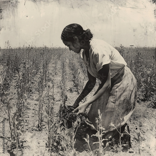 Vintage sepia-toned image of a woman working in a rural field, capturing the essence of traditional farming, hard work, and rustic country life with a nostalgic and antique feel. photo