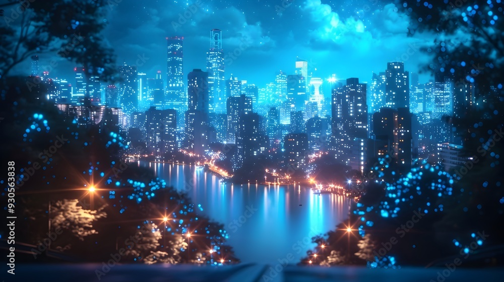 Obraz premium Futuristic Cityscape with Bioluminescent Plants Illuminating the Urban Landscape