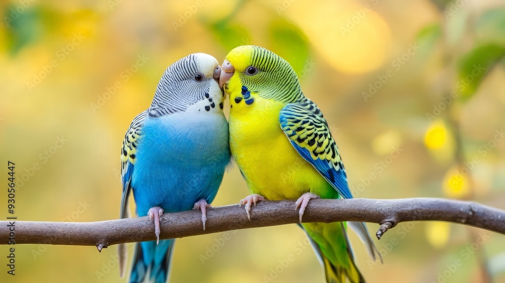 Fototapeta premium Two Parrots Perched on a Branch, Showing Affection