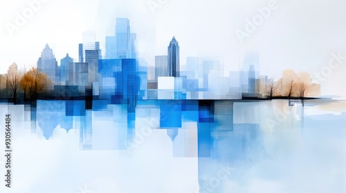 A painting of a city skyline with trees and water, AI