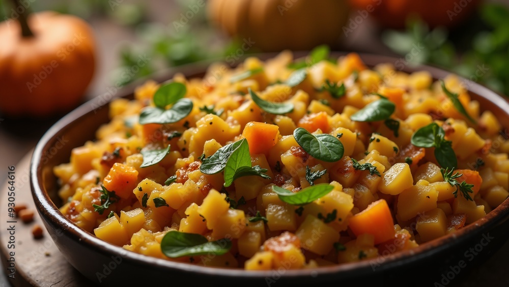 Close-up of Pumpkin and Potato Hash with Herbs in a Bowl Close-up of Pumpkin and Potato Hash with Herbs in a Bowl