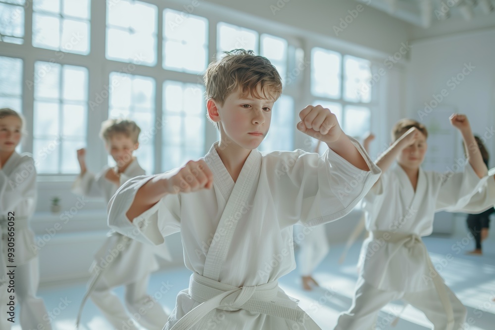 Focused young boy practicing karate with peers in a brightly lit dojo, showcasing determination and discipline Focused young boy practicing karate with peers in a brightly lit dojo, showcasing determination and discipline
