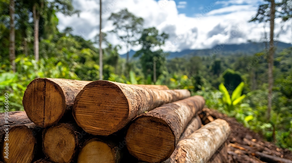 Stack of cut tree trunks on deforested land, sunny day, rainforest background, environmental impact. Stack of cut tree trunks on deforested land, sunny day, rainforest background, environmental impact.