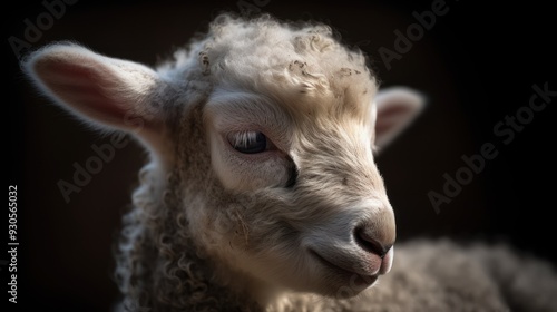 Close-up Portrait of a Young Lamb with White Fur