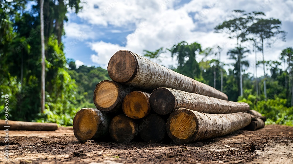 Stack of cut tree trunks on deforested land, sunny day, rainforest background, environmental impact. Stack of cut tree trunks on deforested land, sunny day, rainforest background, environmental impact.