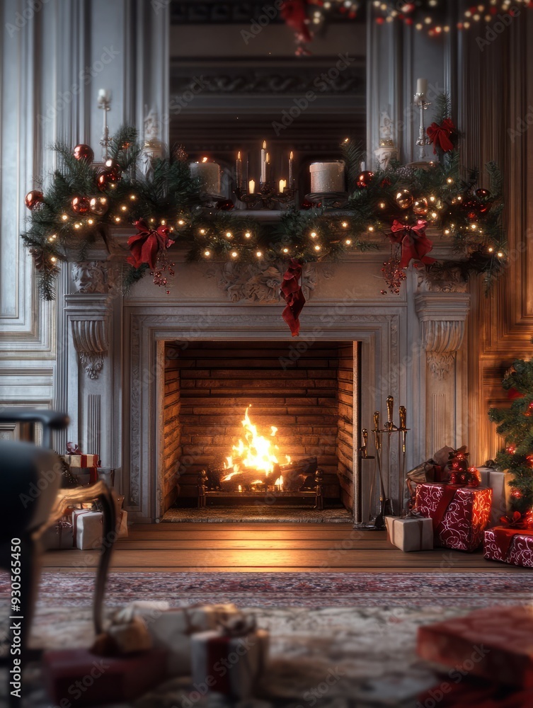 fireplace with christmas decorations created with using AI tools.
