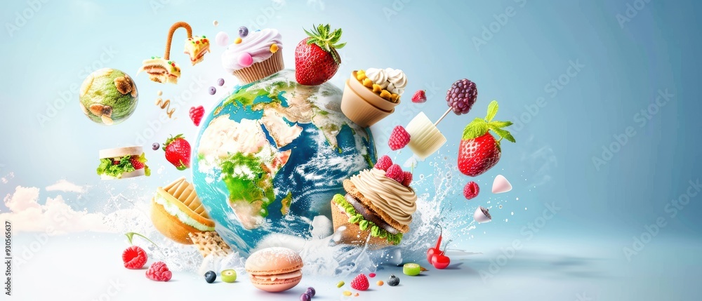 A vibrant globe surrounded by an array of delicious desserts and fruits, symbolizing a world of culinary delights. A vibrant globe surrounded by an array of delicious desserts and fruits, symbolizing a world of culinary delights.