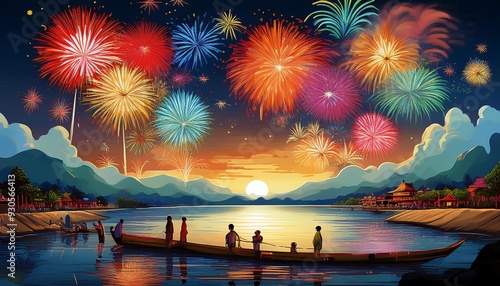 Omagari National Fireworks Competition, spectators on the riverbank with faces fascinated by the fireworks, the background of the clear night sky with various forms of fireworks, Ai generated Images photo