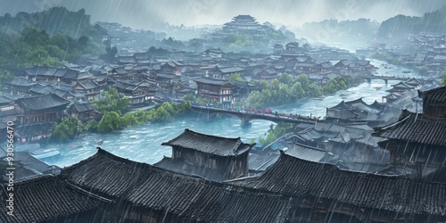 Enchanting Anime-Style Autumn Hailstorm: Magical Rainy Scenery in Yunyang Town. Dreamy 2025 Winter Solstice Illustration for Seasonal Marketing, UI Design, Web Banners, and 4K Wallpapers Capturing Nat photo