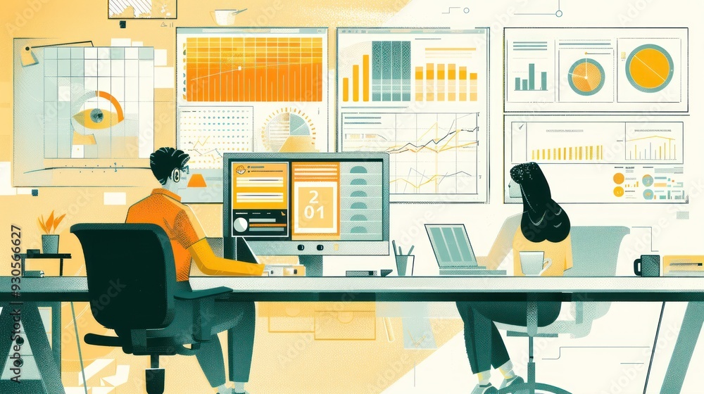 Data Analysis Workspace - Two people working on a project with data visualization charts and graphs. Data Analysis Workspace - Two people working on a project with data visualization charts and graphs.