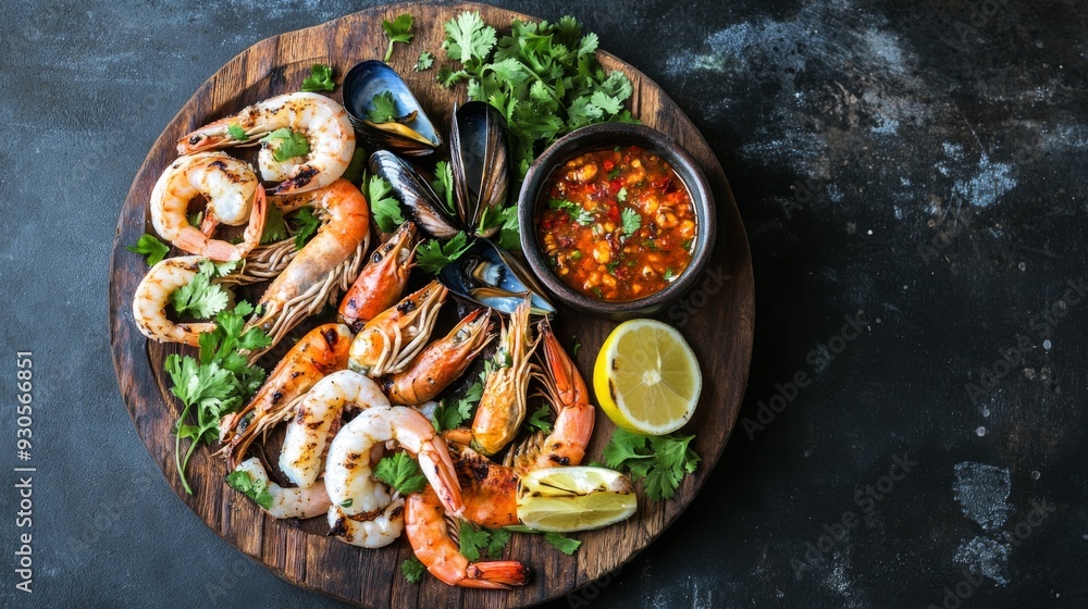 Aerial view of a grilled seafood feast featuring prawns, squid, and mussels, served on a rustic platter with fresh herbs and a side of spicy dipping sauce Aerial view of a grilled seafood feast featuring prawns, squid, and mussels, served on a rustic platter with fresh herbs and a side of spicy dipping sauce