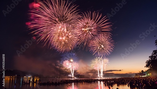 Omagari National Fireworks Competition, spectators on the riverbank with faces fascinated by the fireworks, the background of the clear night sky with various forms of fireworks, Ai generated Images photo