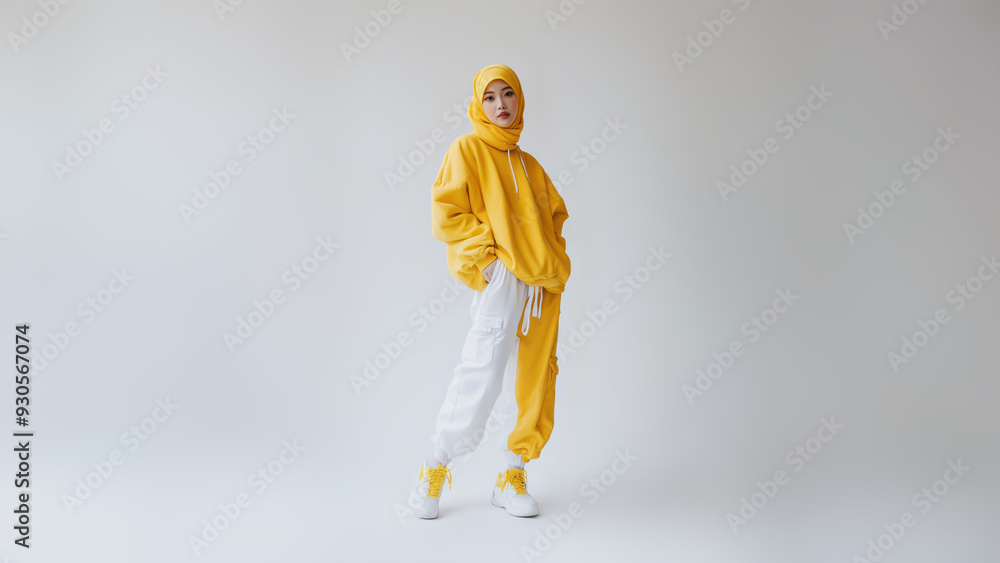 a young Asian woman in a yellow hijab, smiling softly as she poses against a white background, exuding warmth and elegance. a young Asian woman in a yellow hijab, smiling softly as she poses against a white background, exuding warmth and elegance.