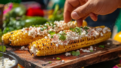 Grilled Mexican street corn topped with cheese and cilantro on a wooden board. Colorful background. Concept of delicious Mexican cuisine photo