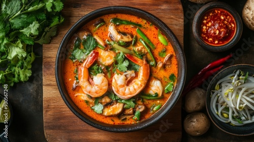 Bird's-eye view of Tom Yum Goong, with shrimp, mushrooms, and herbs floating in a bright orange broth, served with a side of chili dipping sauce.