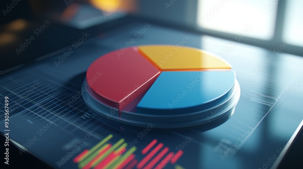 Fototapeta premium Close-up of a 3D pie chart with a portion pulled out to emphasize a specific segment, showcasing detailed data and a modern, professional look.