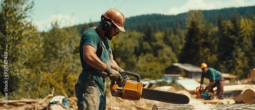 Lumberjack cutting trees with electric chainsaw, forest worker in background, sunny day