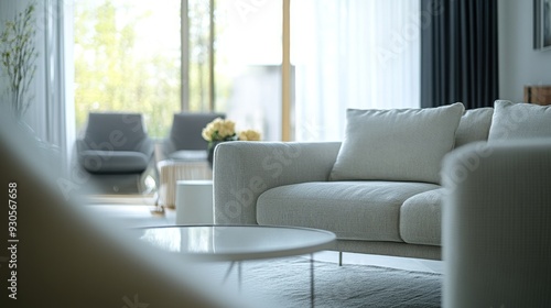 Close-up of a beautifully designed minimalistic living room featuring sleek furniture, a monochromatic color scheme, and plenty of natural light.