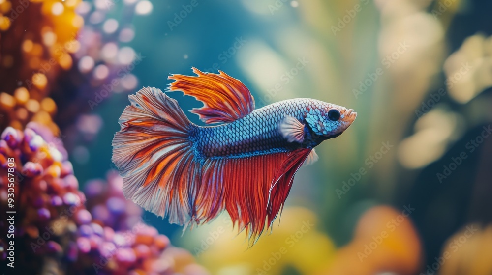 Close-up of a Betta fish with a unique and colorful pattern, swimming gracefully amidst colorful aquarium decorations, emphasizing its elegance and vibrancy. Close-up of a Betta fish with a unique and colorful pattern, swimming gracefully amidst colorful aquarium decorations, emphasizing its elegance and vibrancy.