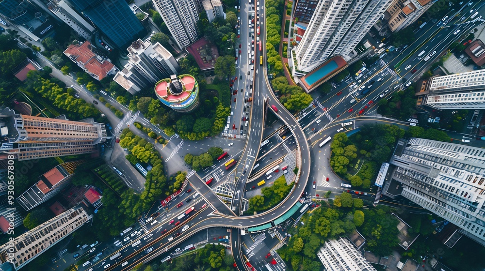 Fototapeta premium Aerial View of a City Intersection with Traffic and Buildings