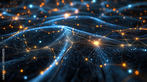 A vibrant quantum network illuminated by glowing particles and flowing waves showcases connectivity and advanced technology