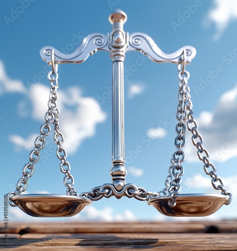A balanced scale representing justice and equality against a clear blue sky, symbolizing fairness and legal principles.