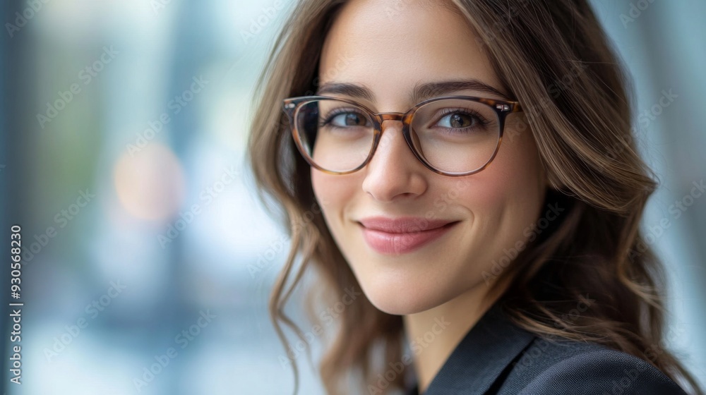 Close-up of a businesswoman with a friendly smile, wearing glasses and a suit, demonstrating clarity and professionalism in a corporate environment. Close-up of a businesswoman with a friendly smile, wearing glasses and a suit, demonstrating clarity and professionalism in a corporate environment.