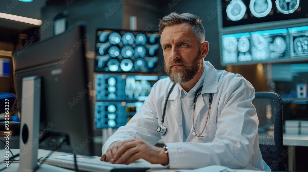 Doctor working at computer and analyzing patient's MRI scans, radiologist studying data to make diagnosis, concept of modern medical center Doctor working at computer and analyzing patient's MRI scans, radiologist studying data to make diagnosis, concept of modern medical center