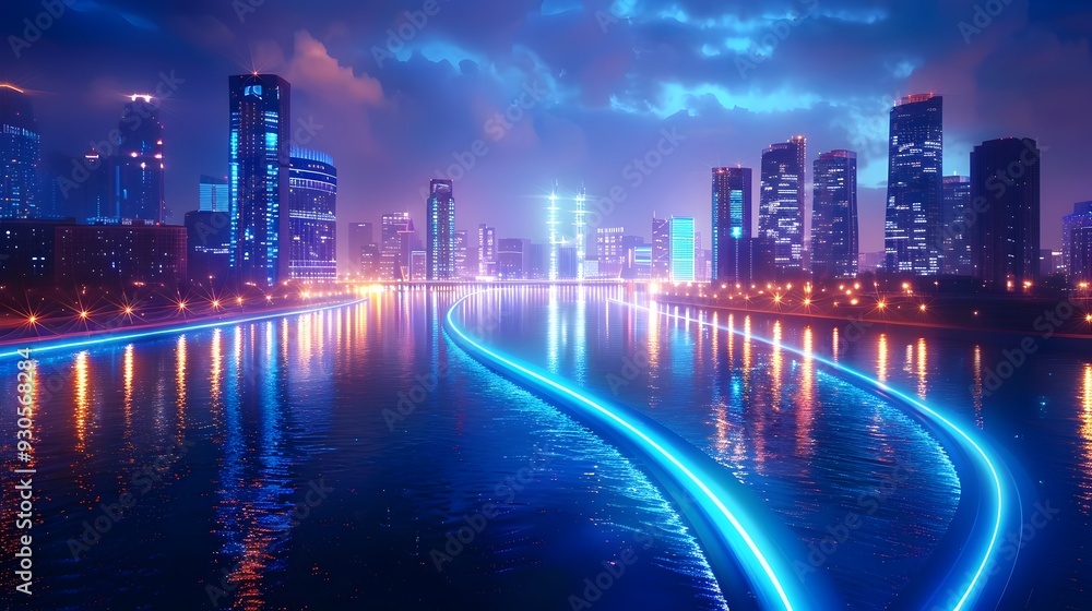 Bioluminescent River Winding Through Futuristic Cityscape with Natural Illumination Bioluminescent River Winding Through Futuristic Cityscape with Natural Illumination