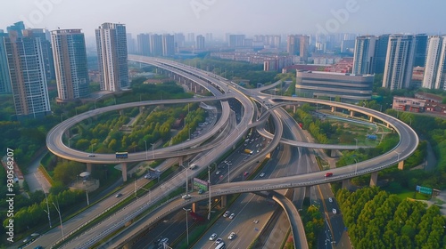 Aerial View of an Intricate Highway Interchange with Surrounding Cityscape photo