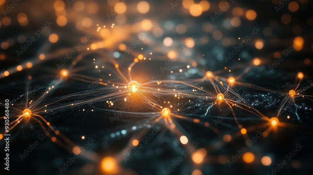 The visualization showcases interconnected nodes glowing with light, representing a quantum network's intricate links and data transfer processes The visualization showcases interconnected nodes glowing with light, representing a quantum network's intricate links and data transfer processes