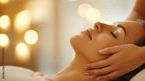 Wallpaper Mural Tranquil Wellness: Woman Enjoying Neck Massage on Massage Table with Serene Expression, Soft Background, and Warm Lighting Torontodigital.ca
