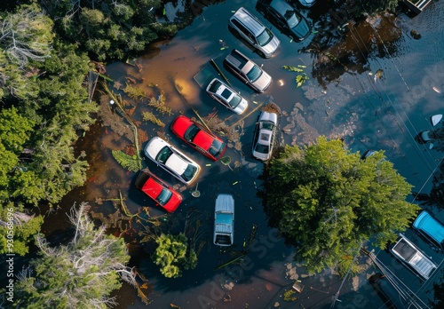 Aerial View of Cars Submerged in Floodwater After Natural Disaster.