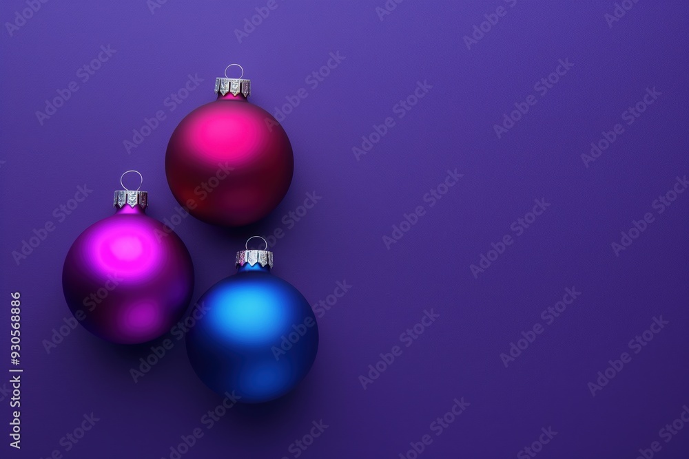Three colorful Christmas balls on purple background Three colorful Christmas balls on purple background