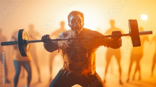 Spooky Halloween Fitness Class with Zombie Instructor Leading Barbell Workout Session, Fun Group in Costume - Front View Shot with Text Space
