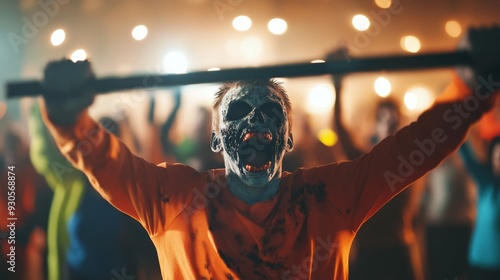 Halloween Fitness Fun - Zombie Instructor Leading Spooky Barbell Workout Session with Costumed Participants in Gym Setting