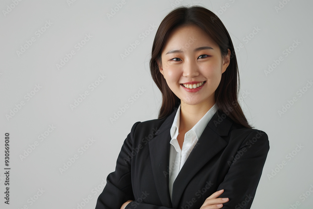 A professional asian woman in a sleek pantsuit and blazer smiling happily, making a gesture. Her outerwear enhances her formal look, showcasing confidence and style. A professional asian woman in a sleek pantsuit and blazer smiling happily, making a gesture. Her outerwear enhances her formal look, showcasing confidence and style.